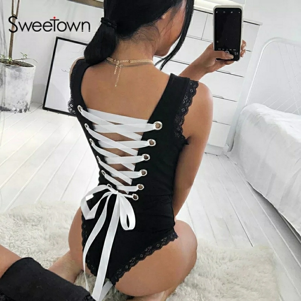 Criss Cross Black Lace Bodysuit